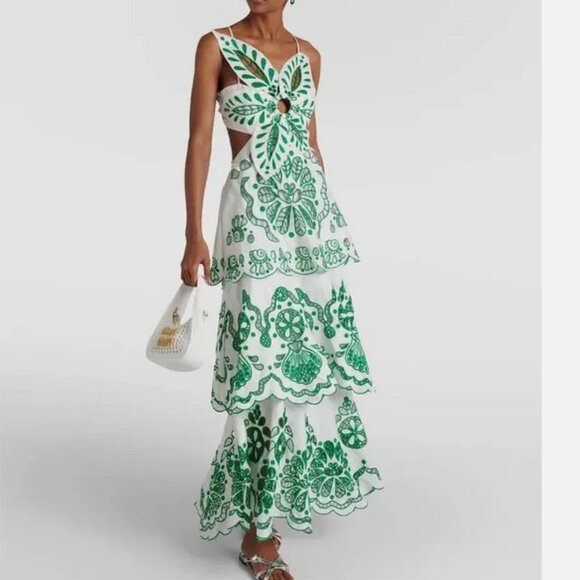 Farm Rio Flower Richelieu Linen Embroidered Maxi Dress Green S NWT Anthropologie - Picture 1 of 8